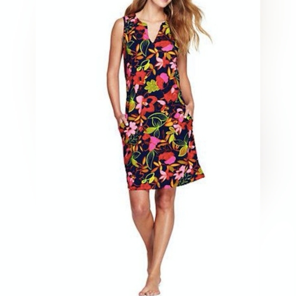 Lands' End Navy Deep Sea Floral Jungle Sleeveless Swim Dress Coverup  M (10-12) - Picture 1 of 12